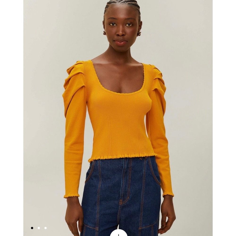 Farm Rio Yellow Knit Blouse Long Sleeve Puff Shoulder‎ Ribbed Top Large